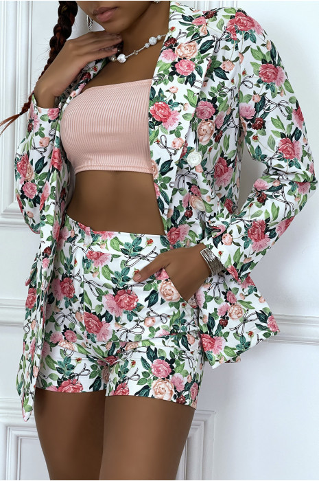 Set van witte blazer en short met bloemenprint