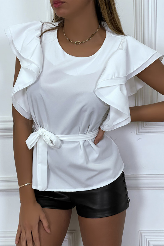 White blouse with ruffle sleeves and belt - 7