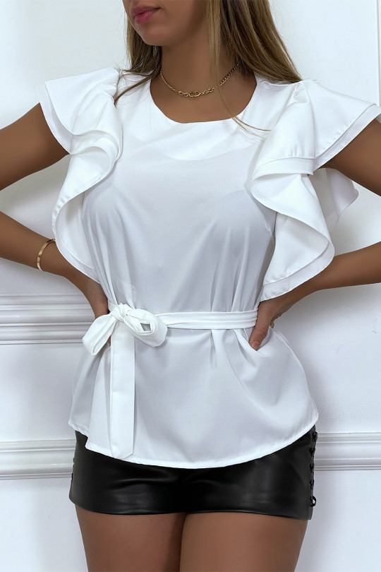 White blouse with ruffle sleeves and belt - 8