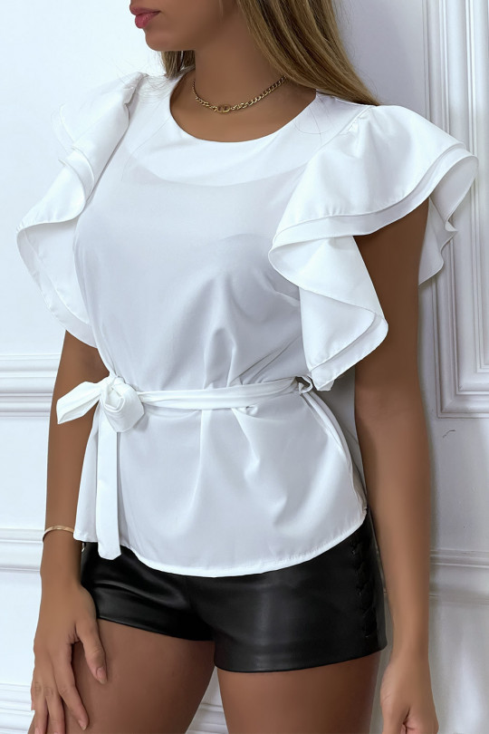 White blouse with ruffle sleeves and belt - 9