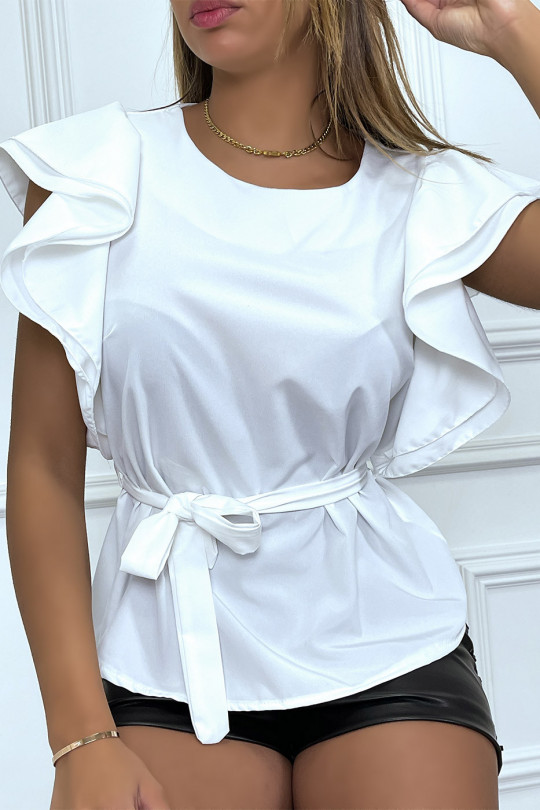 White blouse with ruffle sleeves and belt - 15