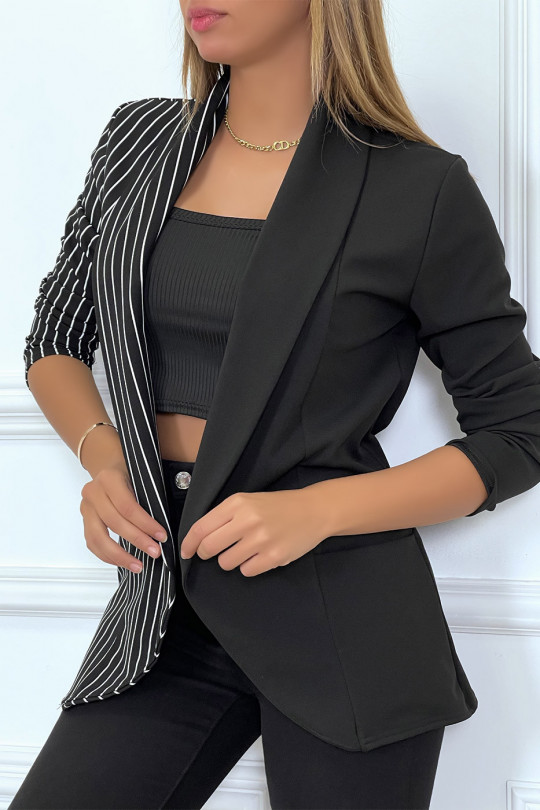 Black two-tone plain and striped blazer with lapel collar - 1