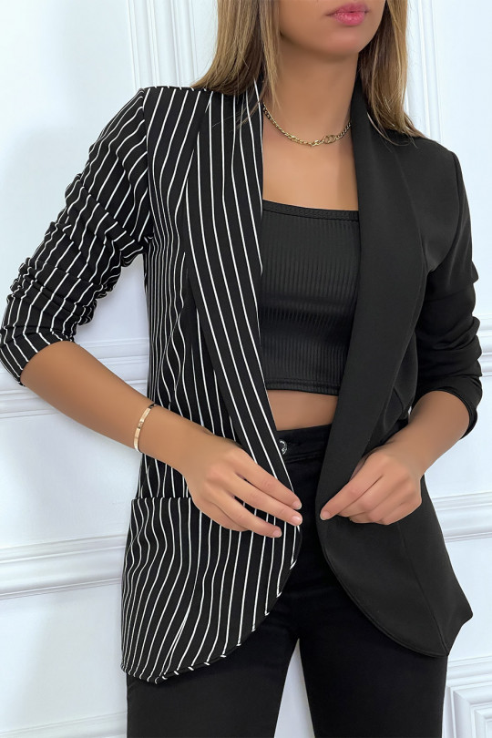 Black two-tone plain and striped blazer with lapel collar - 3