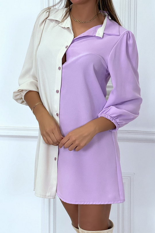 Robe chemise bicolore en voilage violet et beige - 4