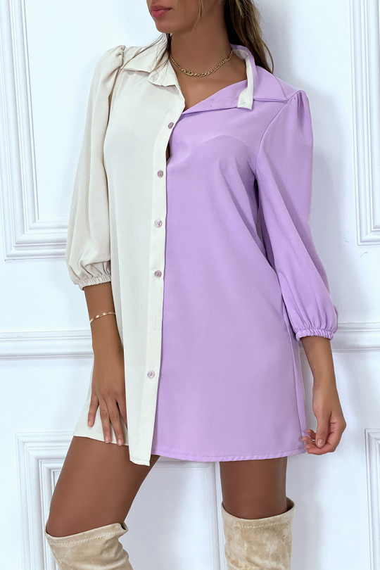 Robe chemise bicolore en voilage violet et beige - 1
