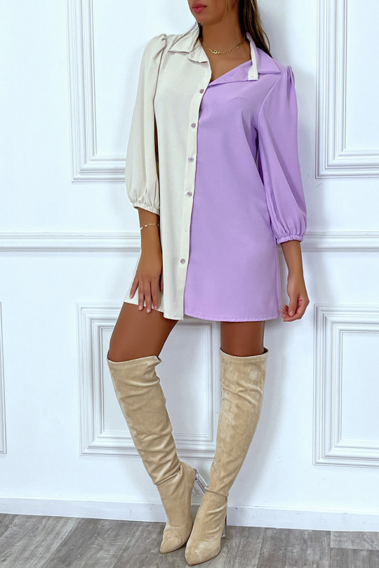 Robe chemise bicolore en voilage violet et beige - 5