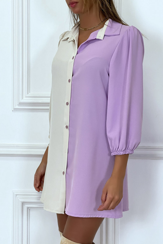 Robe chemise bicolore en voilage violet et beige - 7