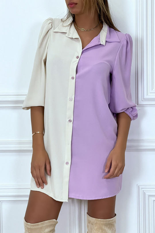 Robe chemise bicolore en voilage violet et beige - 9