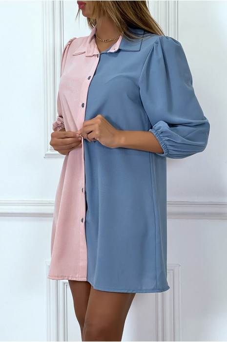 Robe chemise bicolore en voilage rose et bleue - 4