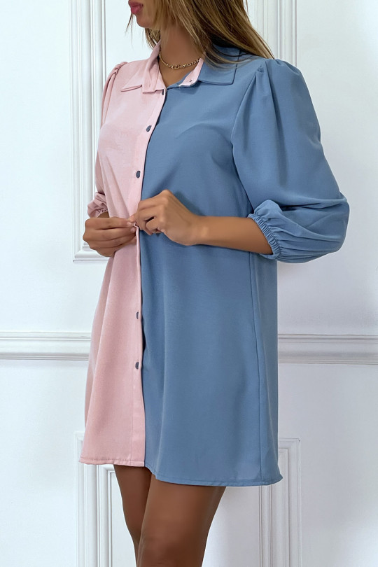 Robe chemise bicolore en voilage rose et bleue - 4