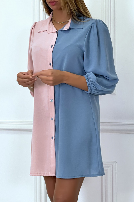 Robe chemise bicolore en voilage rose et bleue - 5