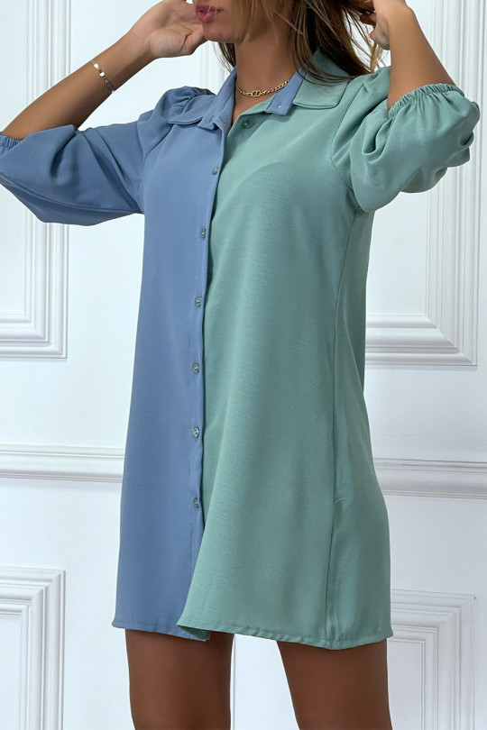 Robe chemise bicolore en voilage bleue et vert - 2
