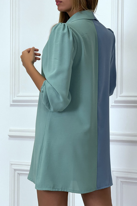 Robe chemise bicolore en voilage bleue et vert - 6