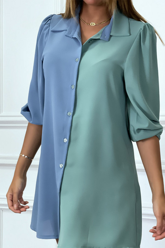 Robe chemise bicolore en voilage bleue et vert - 8
