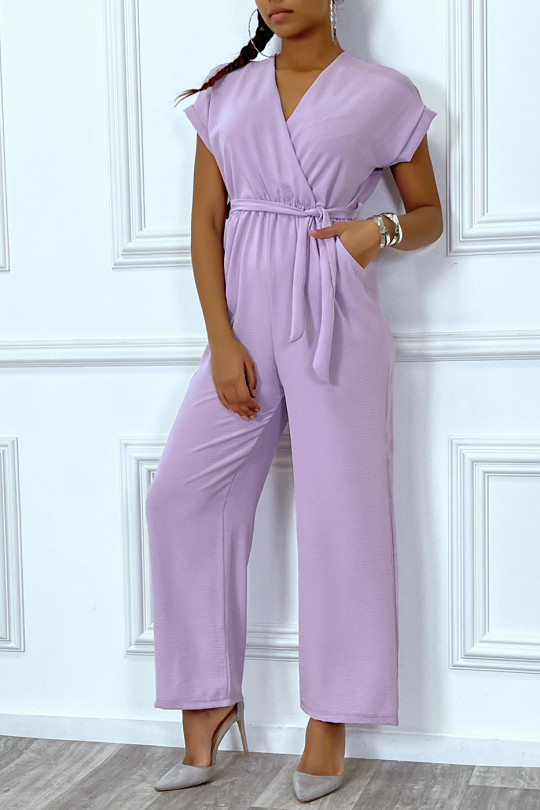 Lilac wrap-around palazzo pant jumpsuit in sheer fabric - 5