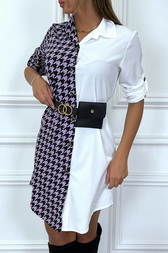 Robe chemise bicolore pied de poule lila et blanc avec ceinture - 2