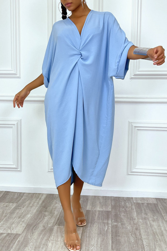 Robe tunique oversize bleu col v détail froncé - 1