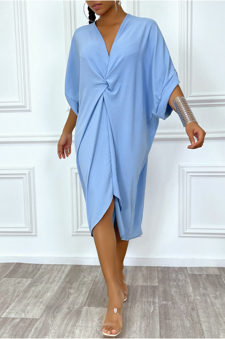 Robe tunique oversize bleu col v détail froncé - 3