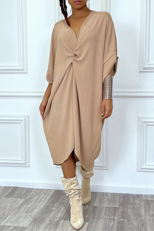 Robe tunique oversize camel col v détail froncé - 6