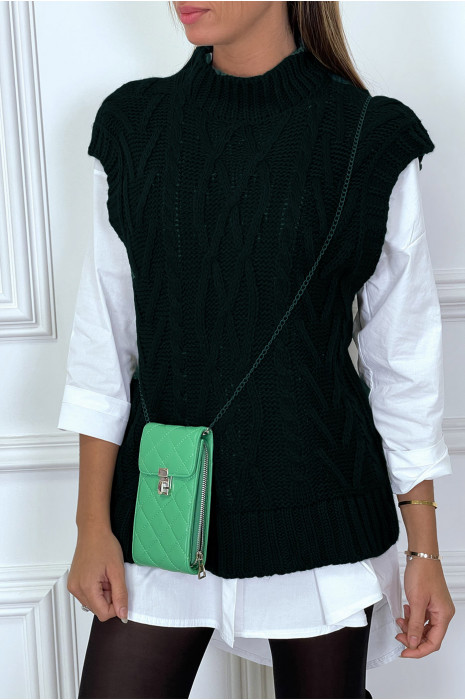 Black sleeveless sweater in large cable knit and high collar - 1
