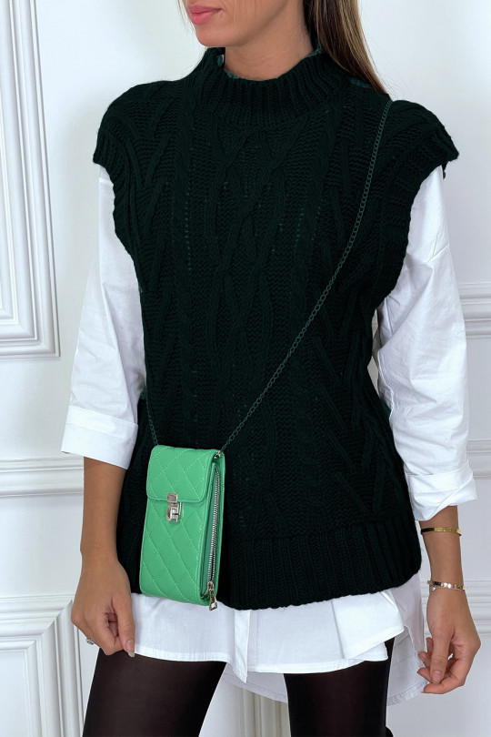 Black sleeveless sweater in large cable knit and high collar - 1