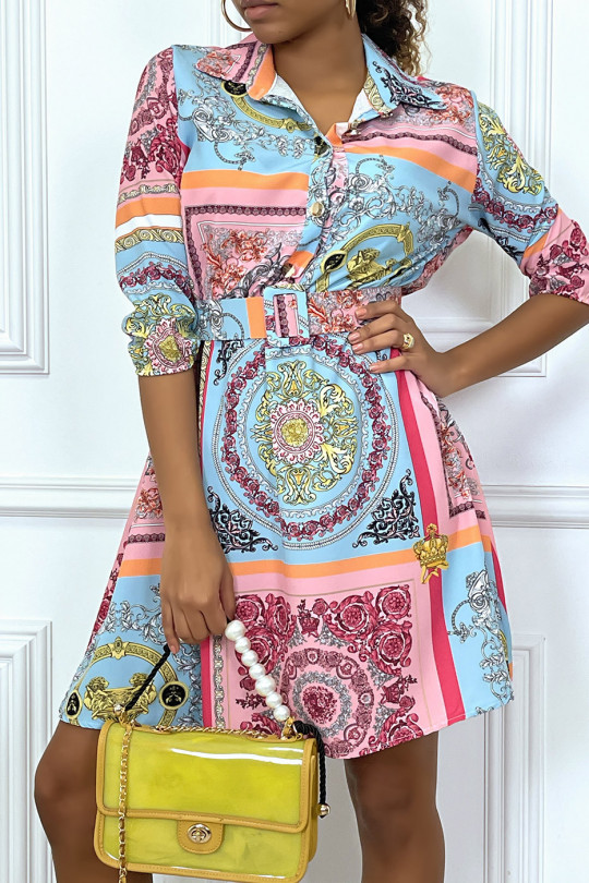 Mid-length turquoise shirt dress with baroque motif belt - 3