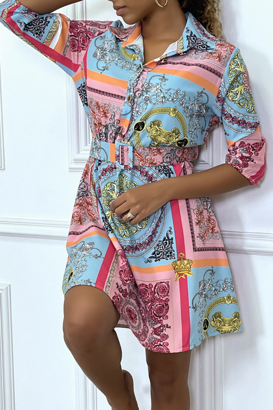 Mid-length turquoise shirt dress with baroque motif belt - 5