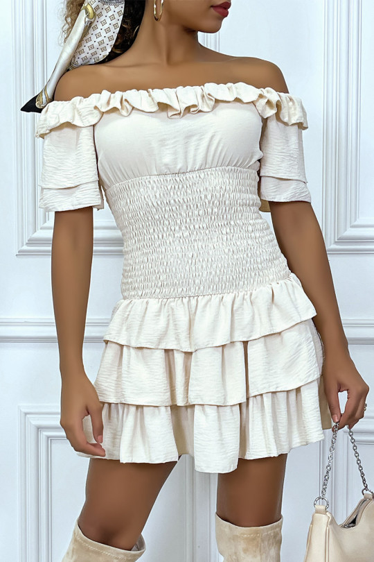 Short beige dress with ruffle and gathered at the waist - 1