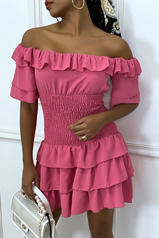 Short fuchsia dress with ruffle and gathered at the waist - 5