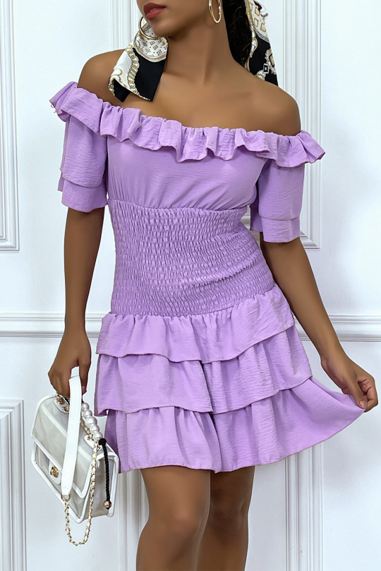 Short lilac dress with ruffle and gathered at the waist - 2