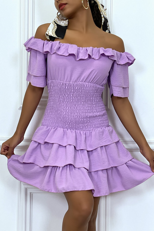 Short lilac dress with ruffle and gathered at the waist - 5