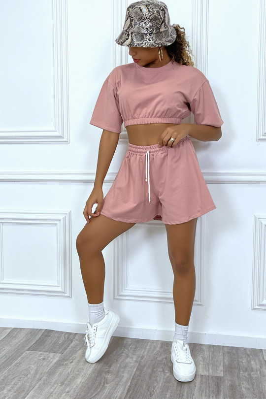 Pale pink shorts and crop sweatshirt tennis outfit set - 1