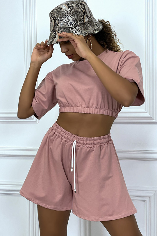 Pale pink shorts and crop sweatshirt tennis outfit set - 2