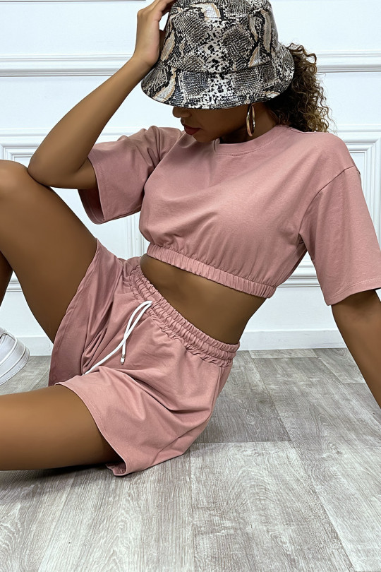 Pale pink shorts and crop sweatshirt tennis outfit set - 4
