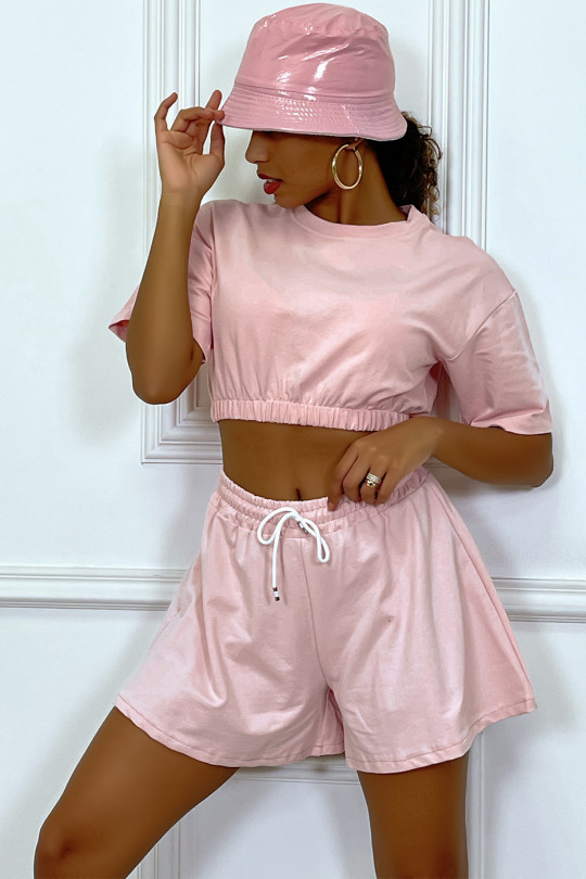Pink tennis outfit shorts and crop sweatshirt set - 1