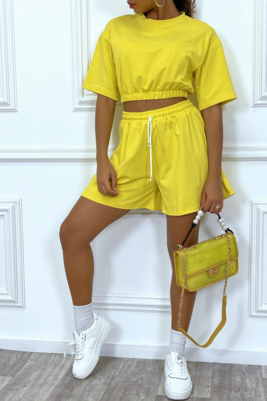 Gele tennis outfit bijgesneden sweatshirt en korte broek - 1