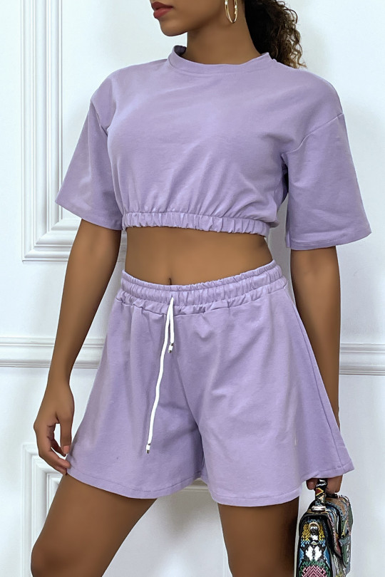 Lila tennisoutfitset met korte broek en sweatshirt in crop-stijl - 2
