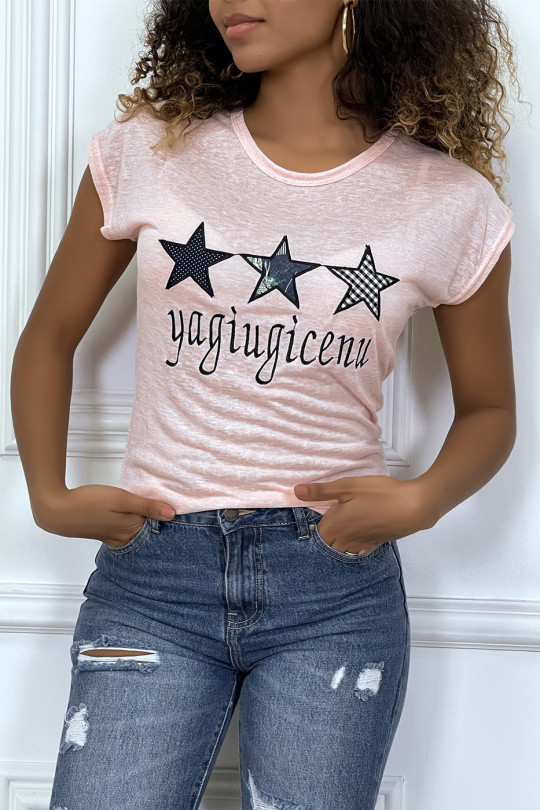 Tshirt rose doux broderie étoiles - 1 Tshirt rose doux broderie étoiles - 1