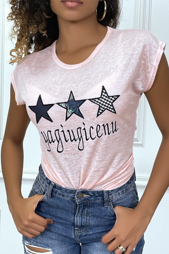 Tshirt rose doux broderie étoiles - 3 Tshirt rose doux broderie étoiles - 3
