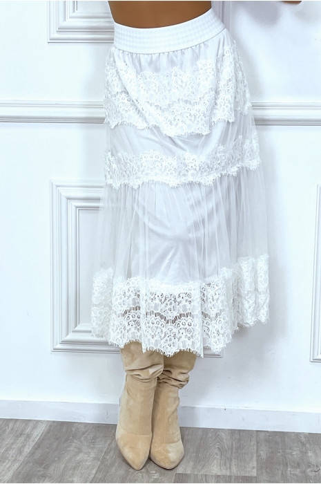 Jupe blanche longue avec broderie et tulle transparente style bohème - 5
