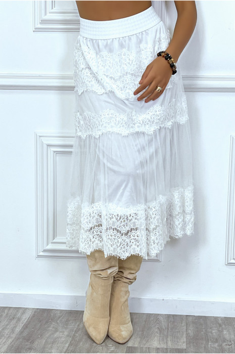 Jupe blanche longue avec broderie et tulle transparente style bohème