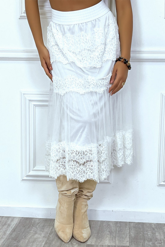Jupe blanche longue avec broderie et tulle transparente style bohème - 7
