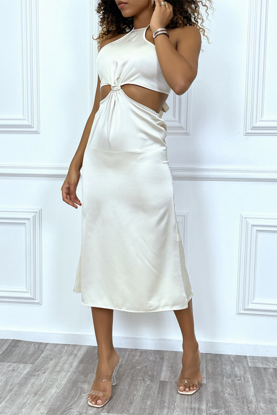 Beige satin dress with bare ribs - 1