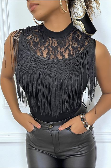 Body noir à frange et détail tulle - 4
