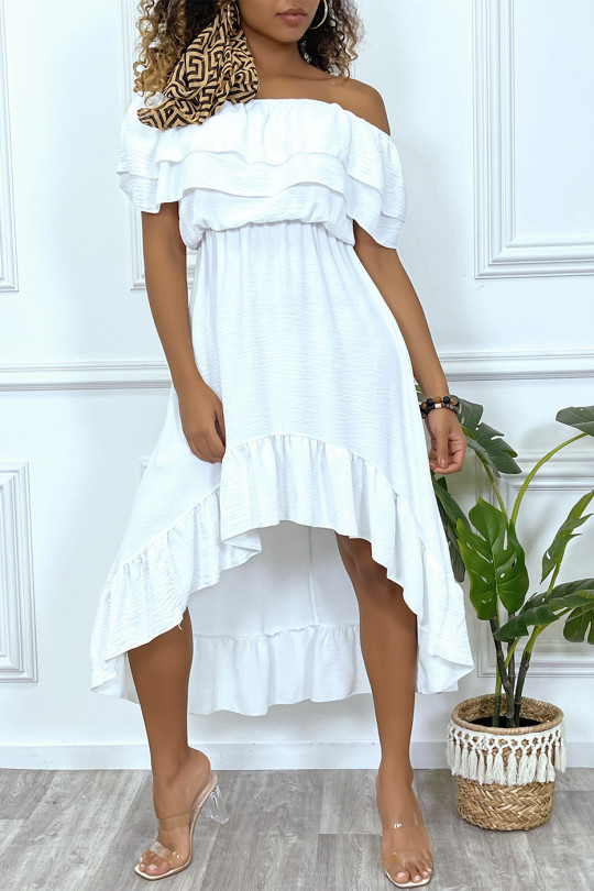 Flowing white dress with ruffles and bardot collar - 1