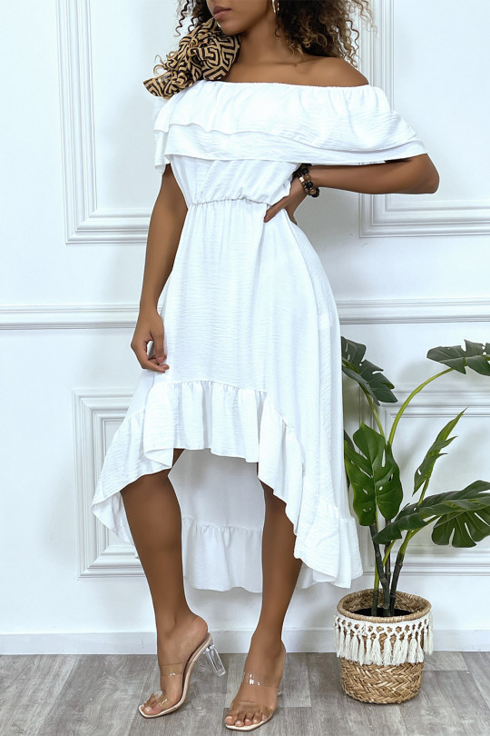 Flowing white dress with ruffles and bardot collar - 2