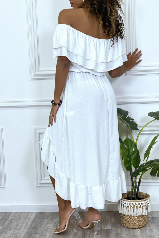 Flowing white dress with ruffles and bardot collar - 3