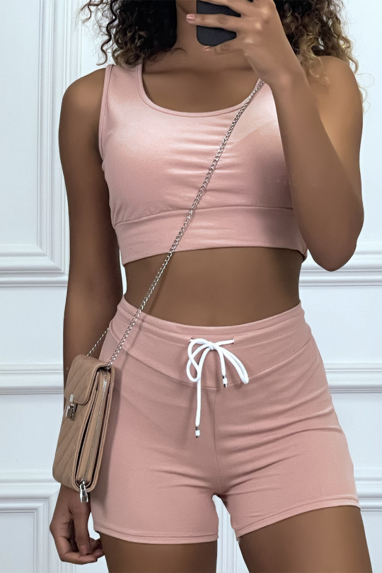 Cropped tank top and shorts set in pale pink - 3
