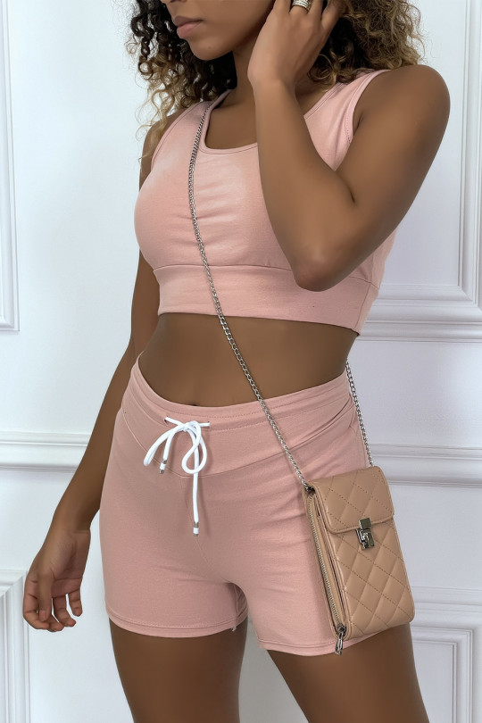 Cropped tank top and shorts set in pale pink - 4