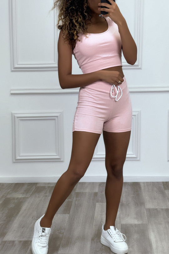 Crop tank top and shorts set in pink - 3